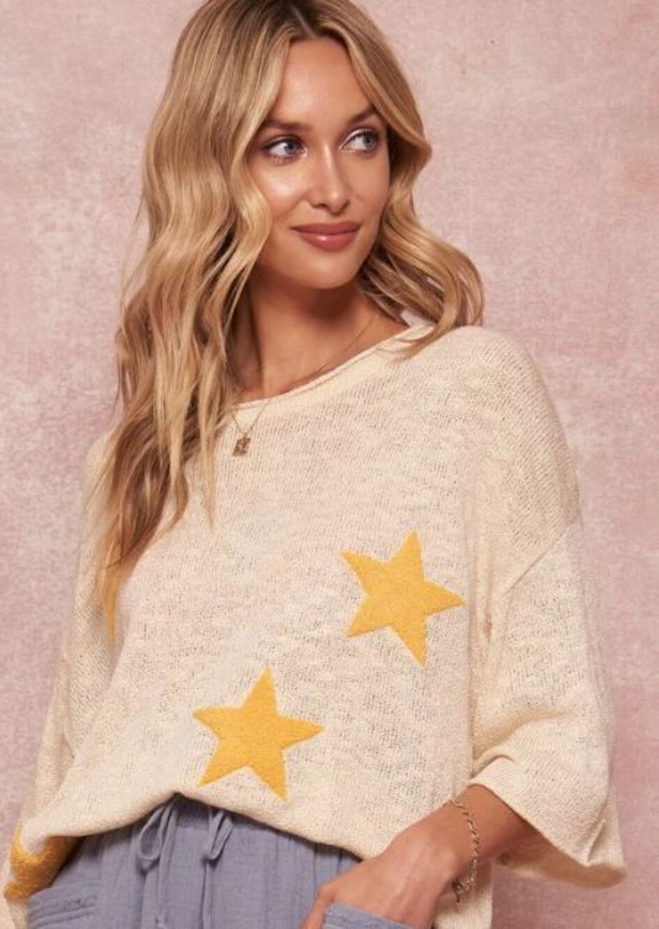 Promesa Sweater Womens Sz L Cream/ Yellow Star Wide Half Slv Lightweight Loose